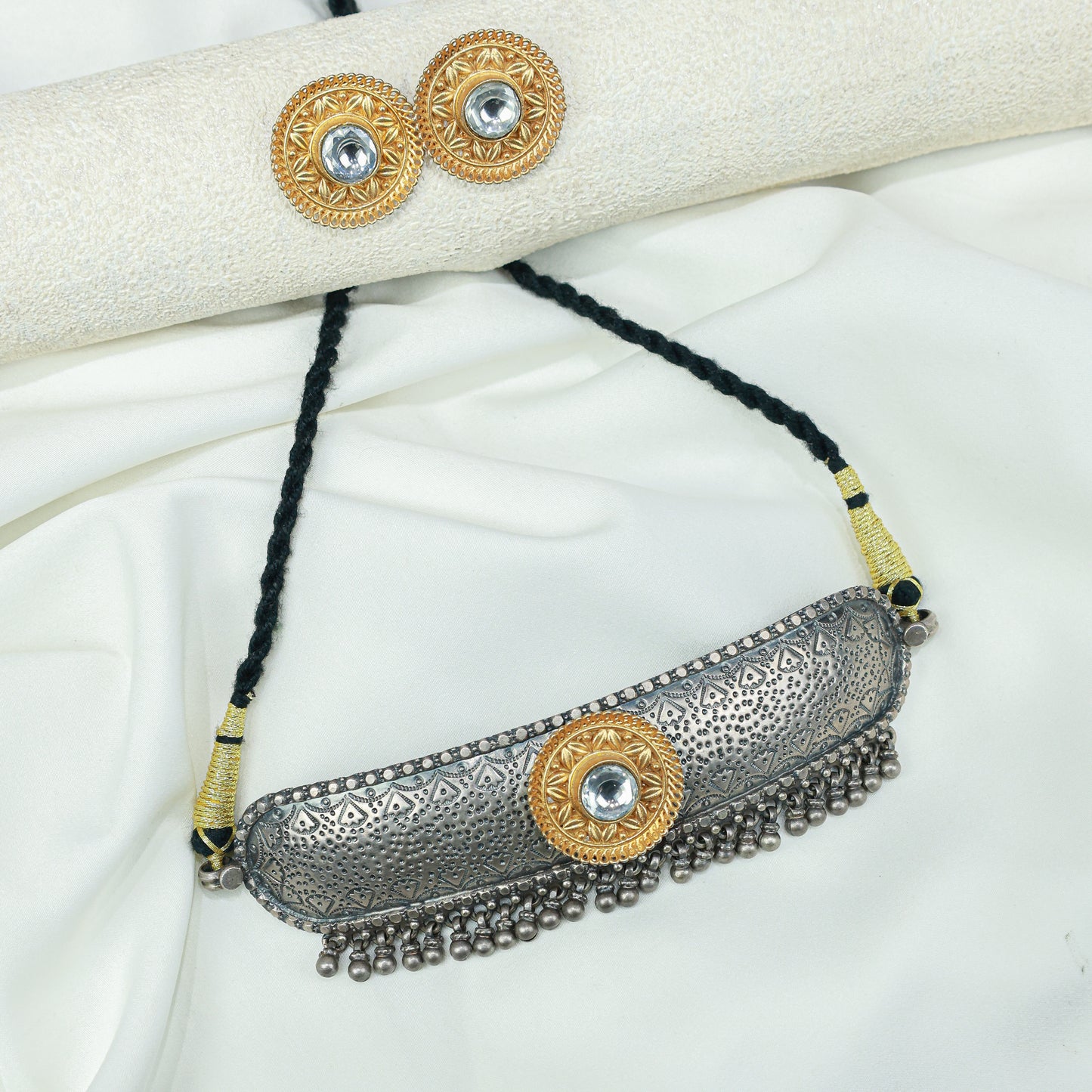 Anokhi Mandira Golden Motif 925 Silver Choker Necklace Set