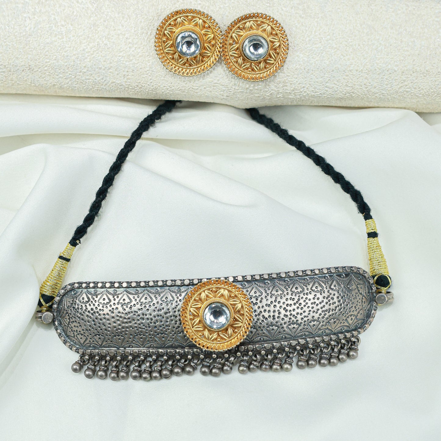 Anokhi Mandira Golden Motif 925 Silver Choker Necklace Set