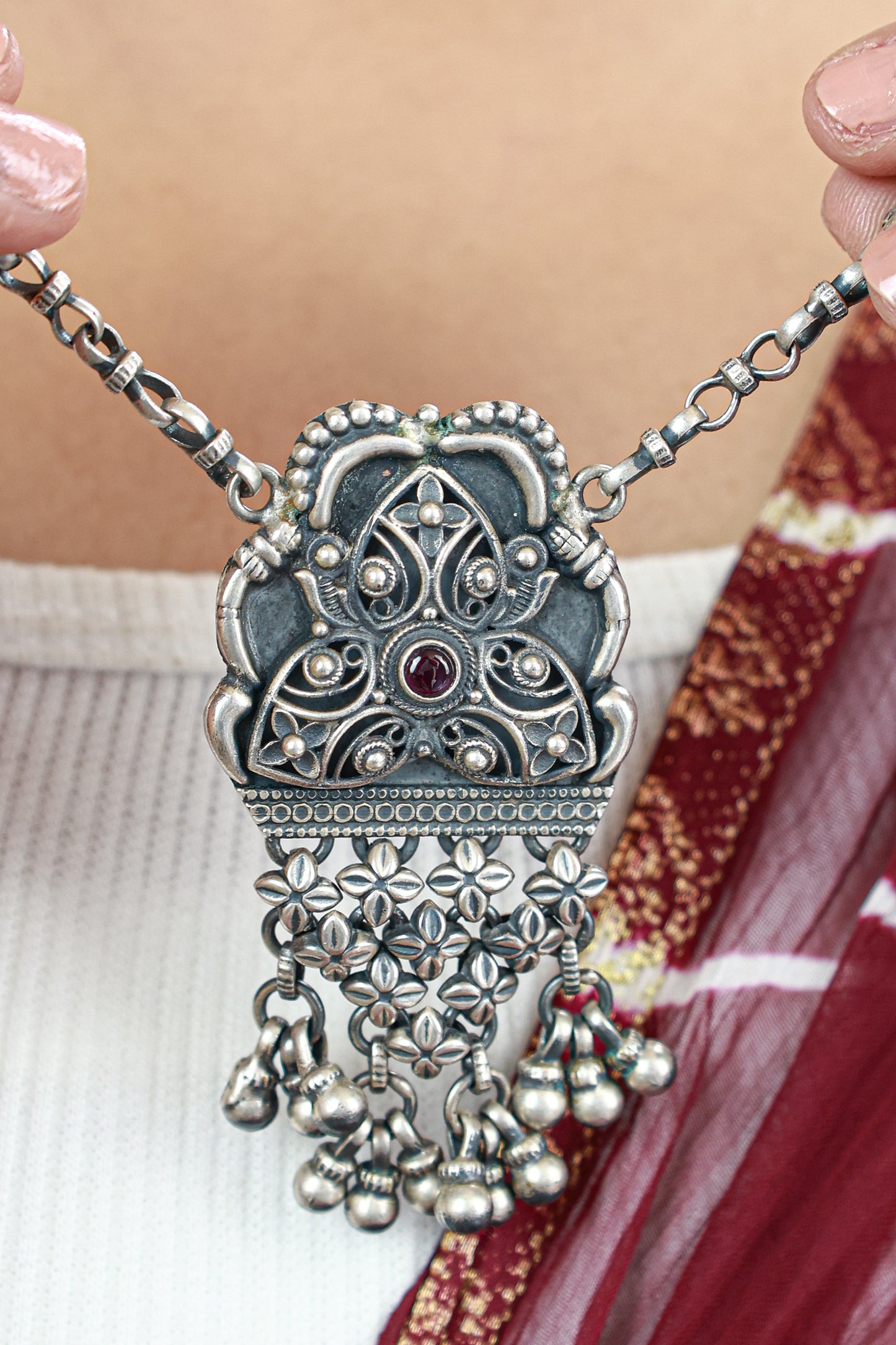 Tridha Tribal Statement Filigree Work and Ruby Necklace With Earrings