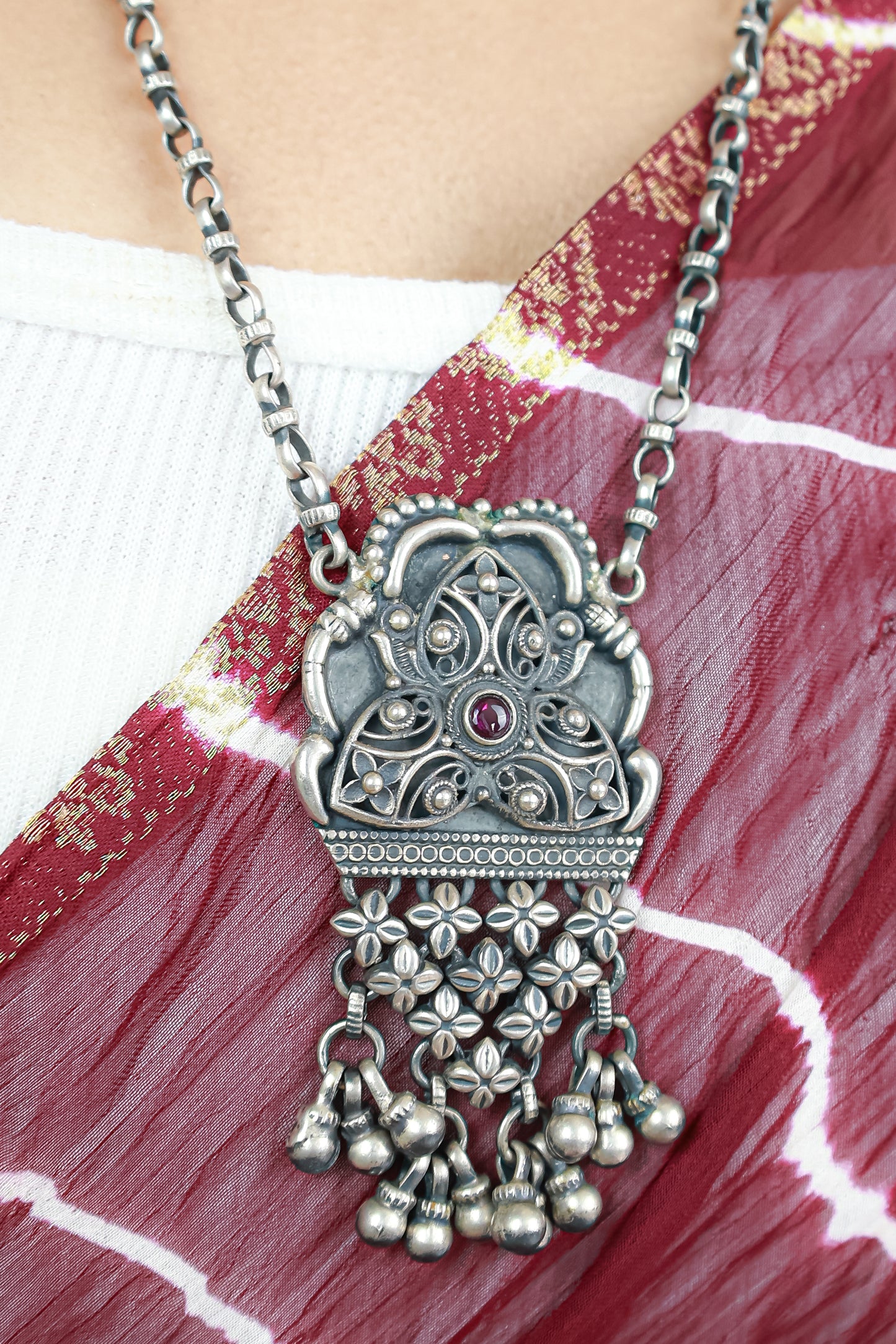 Tridha Tribal Statement Filigree Work and Ruby Necklace With Earrings