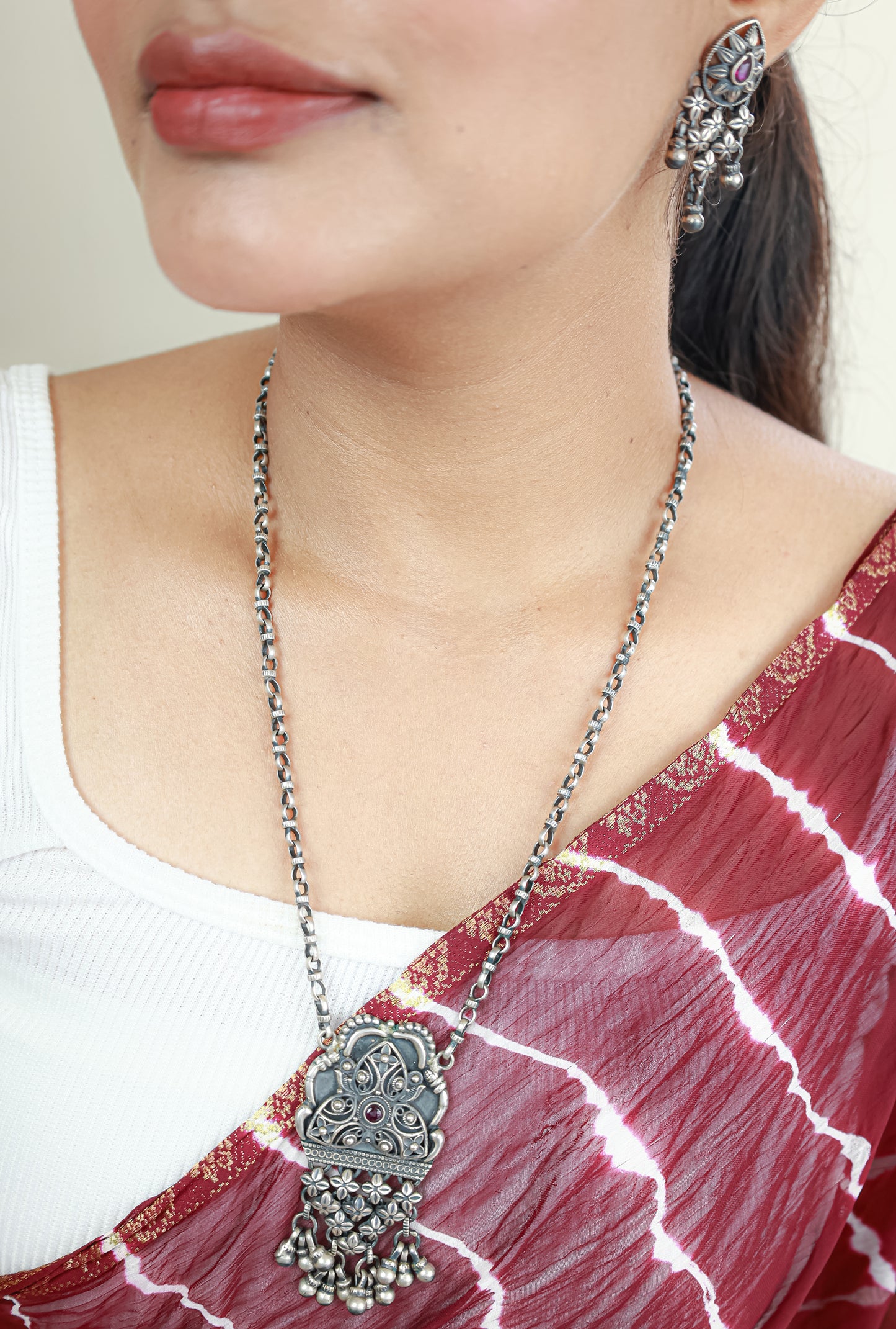 Tridha Tribal Statement Filigree Work and Ruby Necklace With Earrings