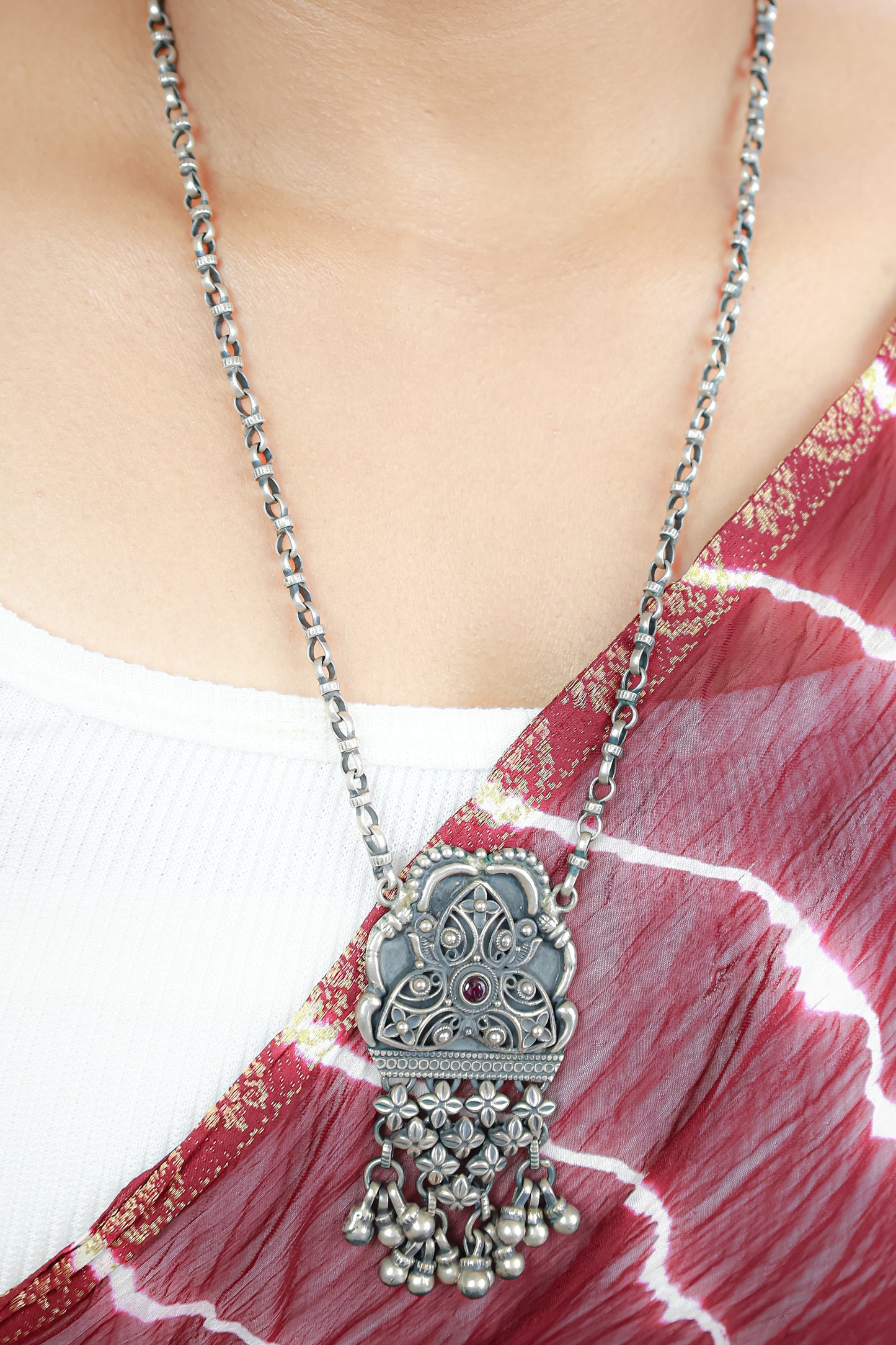 Tridha Tribal Statement Filigree Work and Ruby Necklace With Earrings