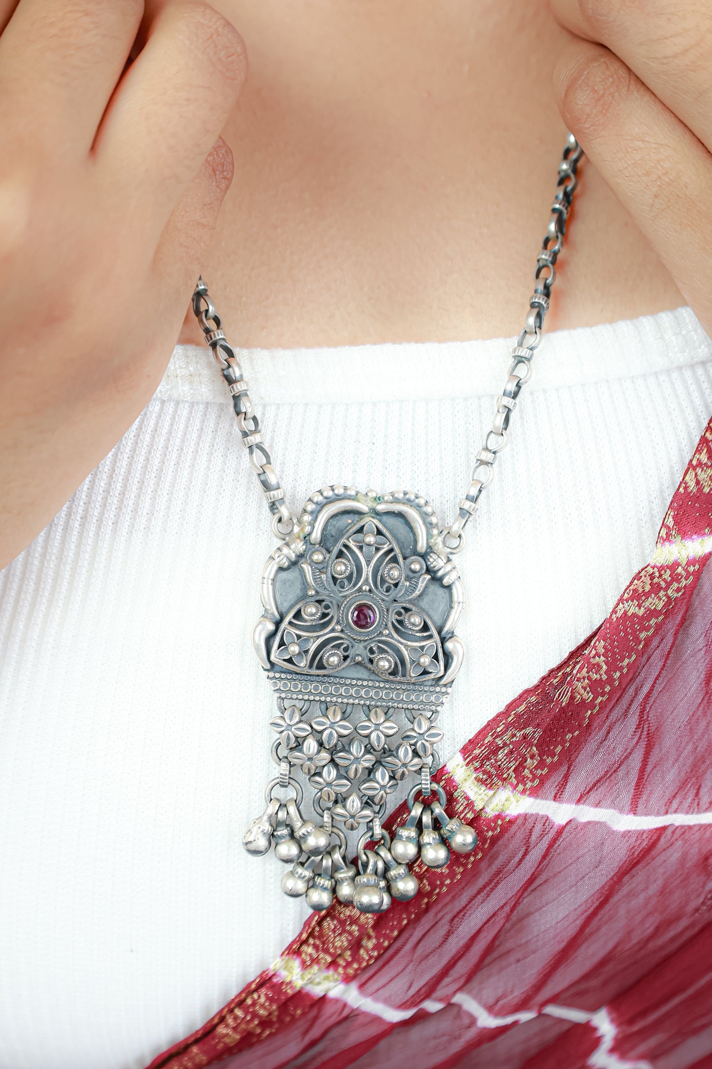 Tridha Tribal Statement Filigree Work and Ruby Necklace With Earrings
