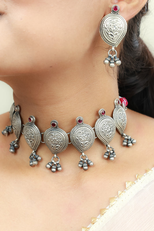 Kolhapuri Paisley Ruby Choker Silver Necklace Set With Earrings