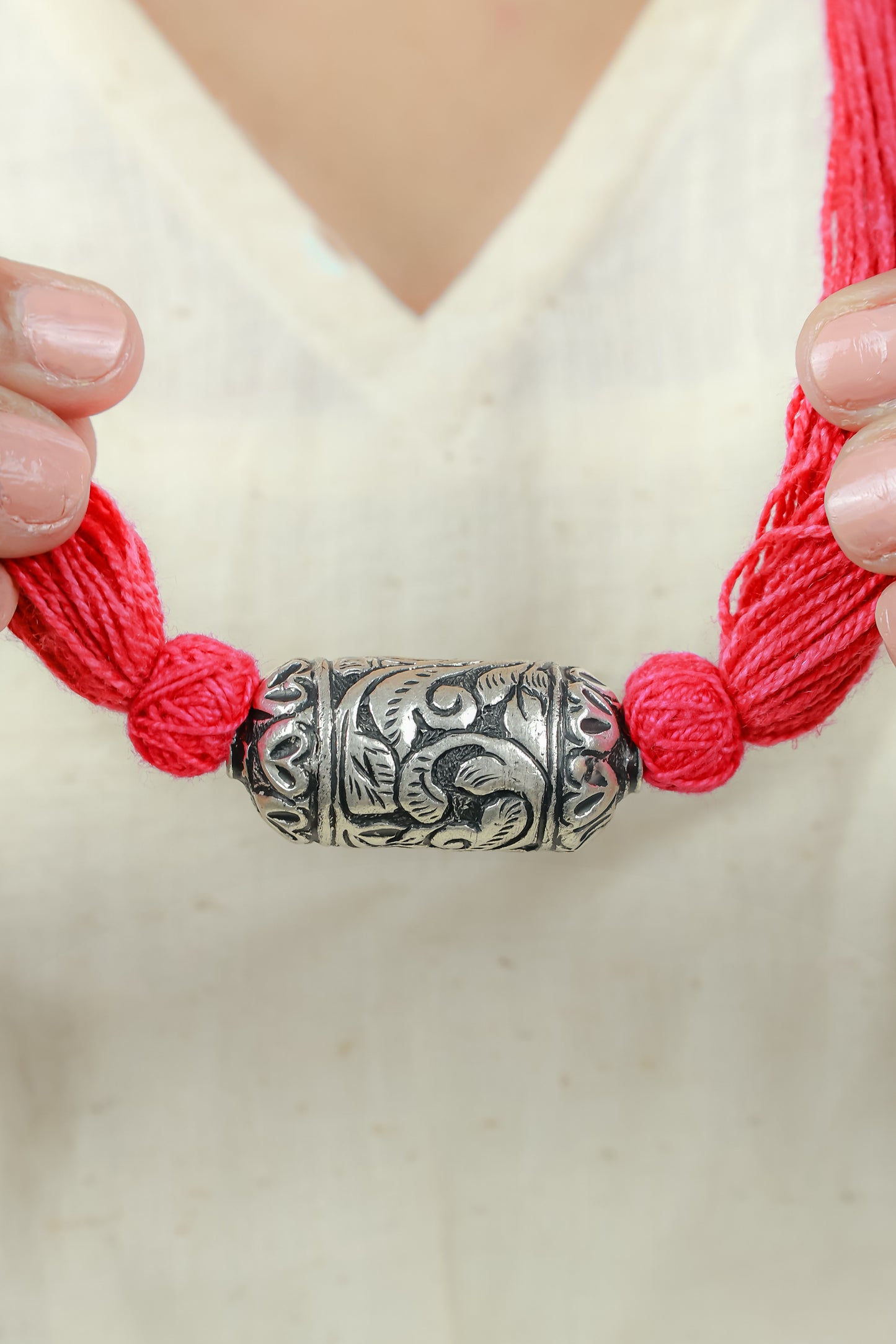 Noor Single Cylinderical Tabeej Scarlet Dori 925 Silver Necklace