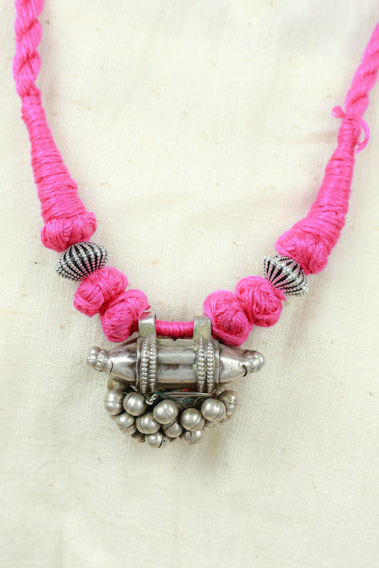 Tridha Tribal Tabeej With Pink Dori 925 Silver Necklace