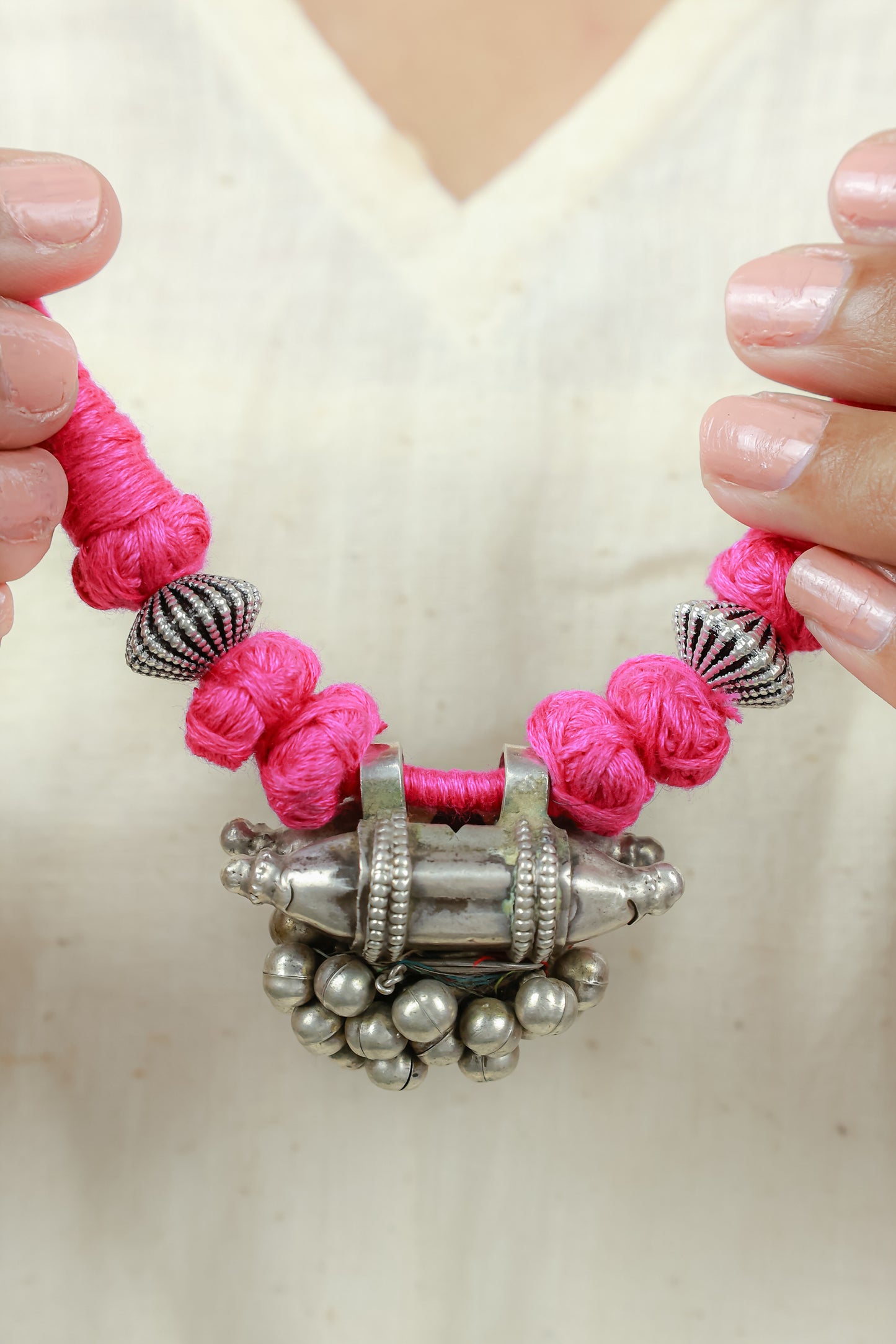 Tridha Tribal Tabeej With Pink Dori 925 Silver Necklace