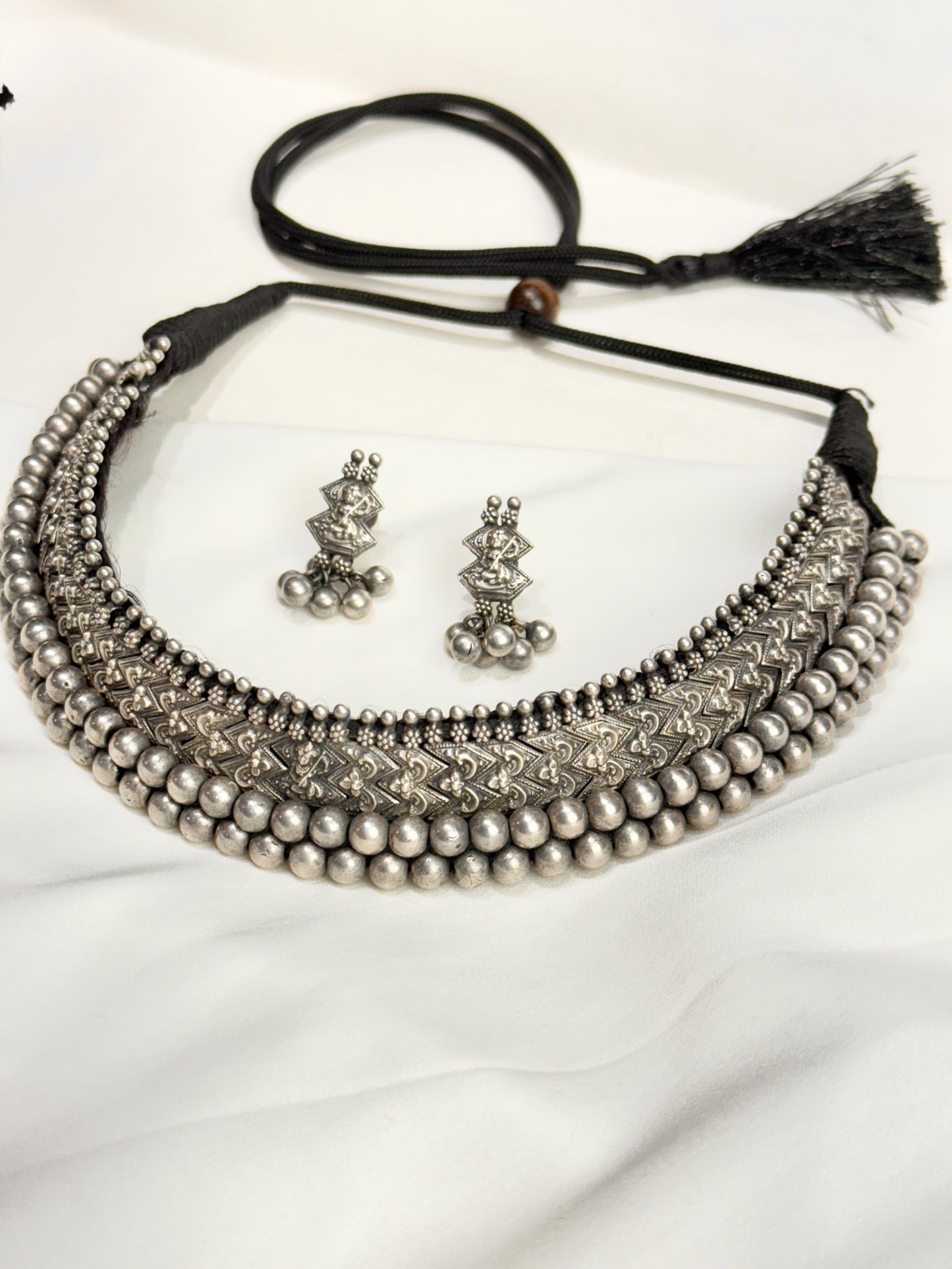 925 Silver Necklace| Saraswati Maa Kohlapuri Peshwa Thusi Necklace Set With Earrings