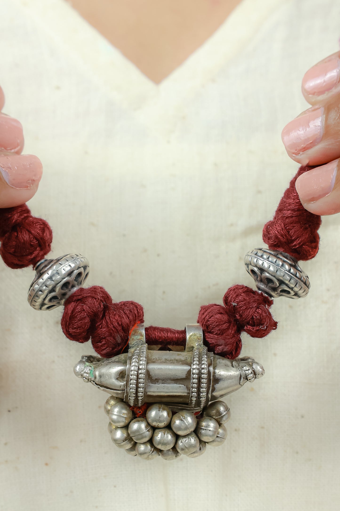 Tridha Tribal Tajeeb Gatha 925 Silver Maroon Dori Necklace
