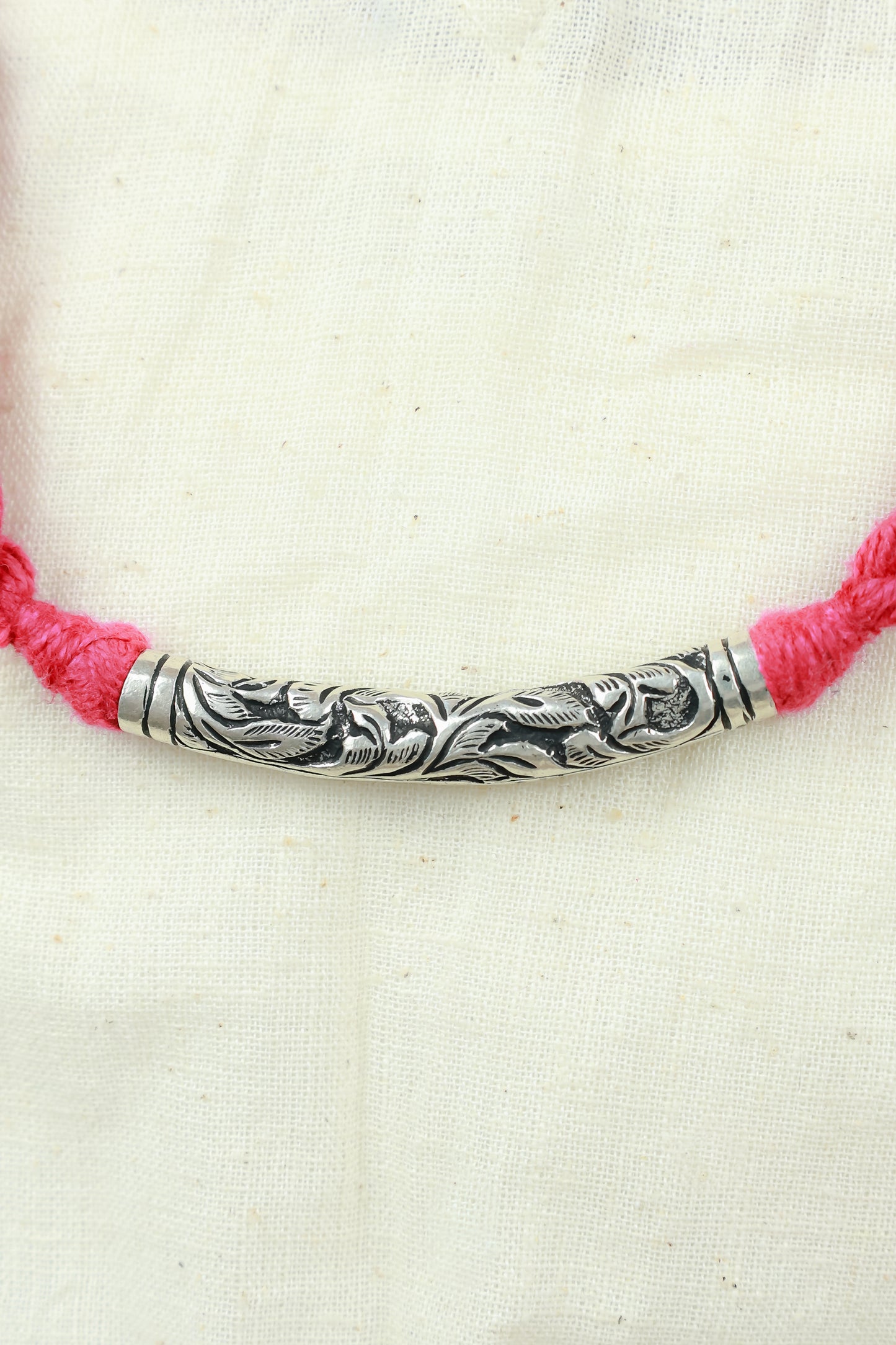 Noor Tribal Chitai Tube 925 Silver Necklace With Scarlet Dori