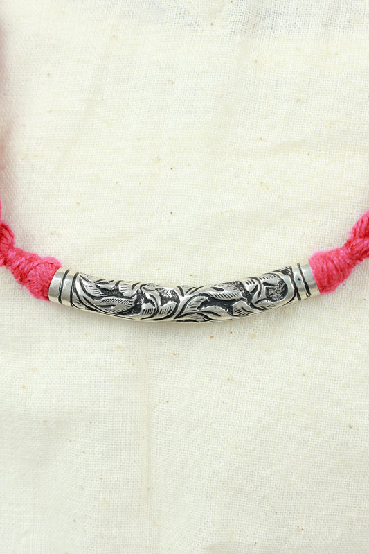 Noor Tribal Chitai Tube 925 Silver Necklace With Scarlet Dori