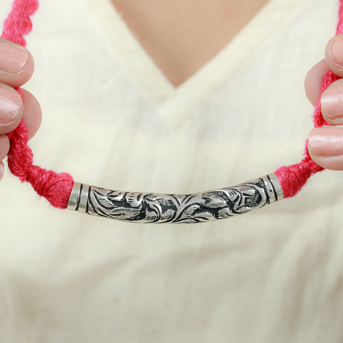 Noor Tribal Chitai Tube 925 Silver Necklace With Scarlet Dori