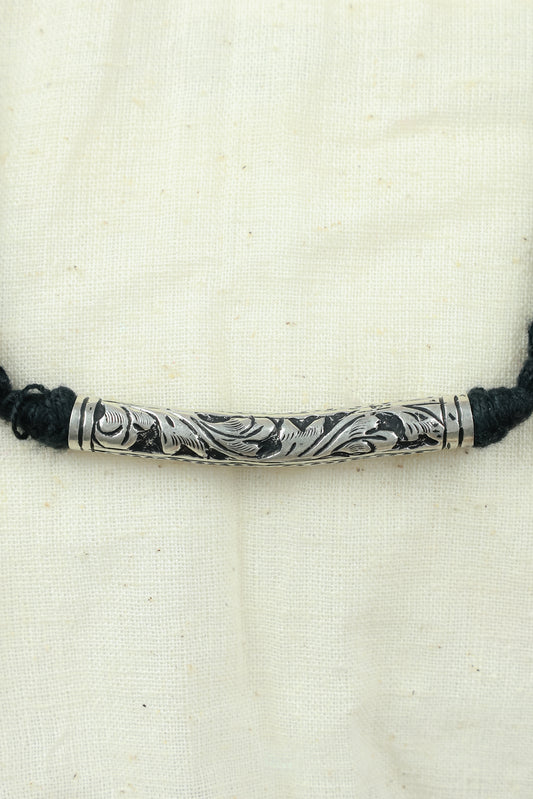 Noor Tribal Chitai Tube 925 Silver Necklace With Black Dori