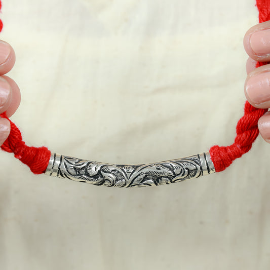 Noor Tribal Chitai Tube 925 Silver Necklace With Red Dori