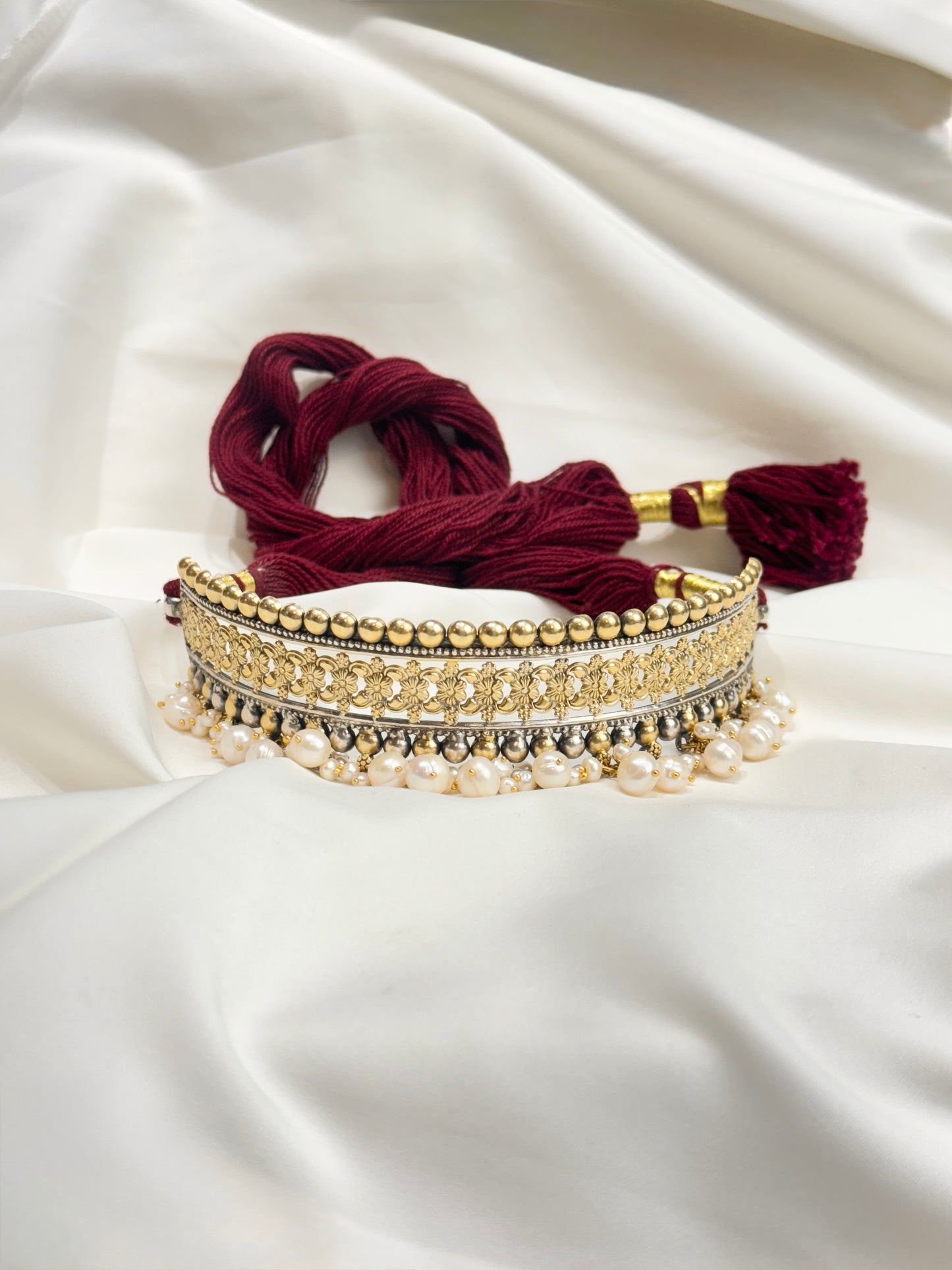 925 Silver Necklace|Dual Tone Statement Silver Choker With Pearls