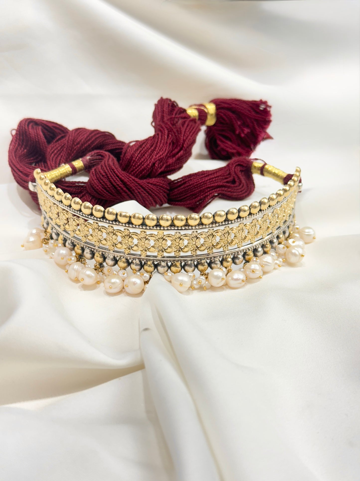 925 Silver Necklace|Dual Tone Statement Silver Choker With Pearls