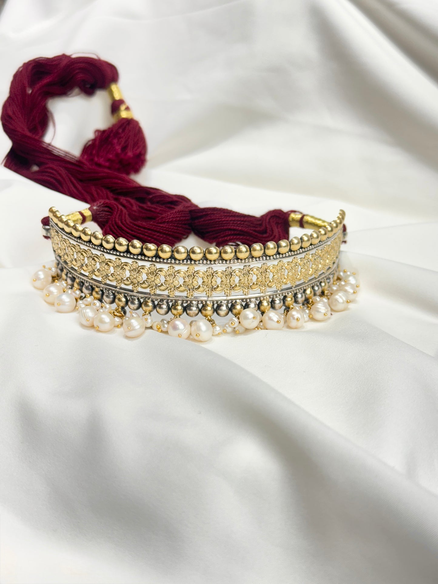 925 Silver Necklace|Dual Tone Statement Silver Choker With Pearls
