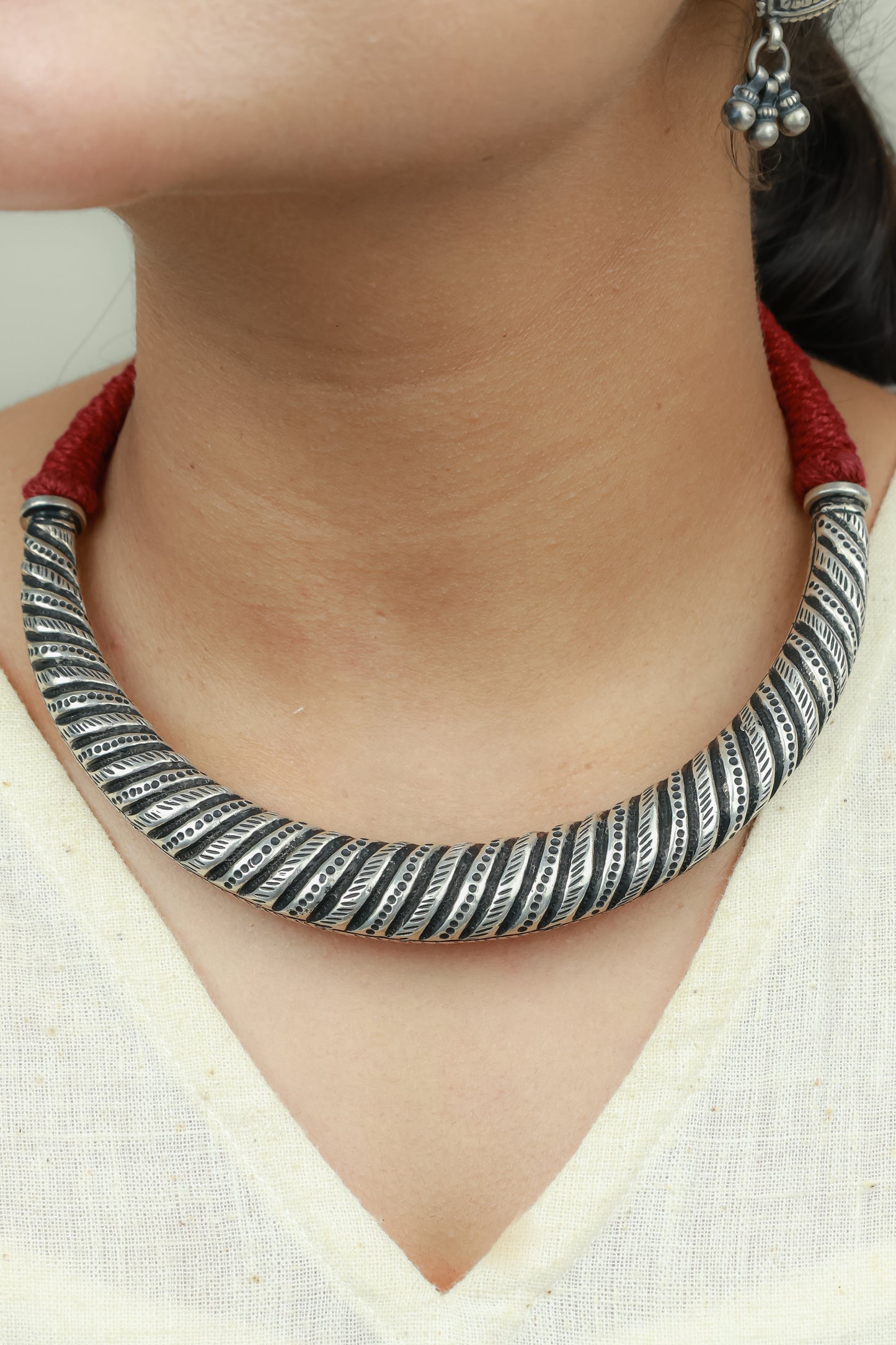 Tridha Tribal Criss Cross 925 Silver Hasli With Adjustable Dori