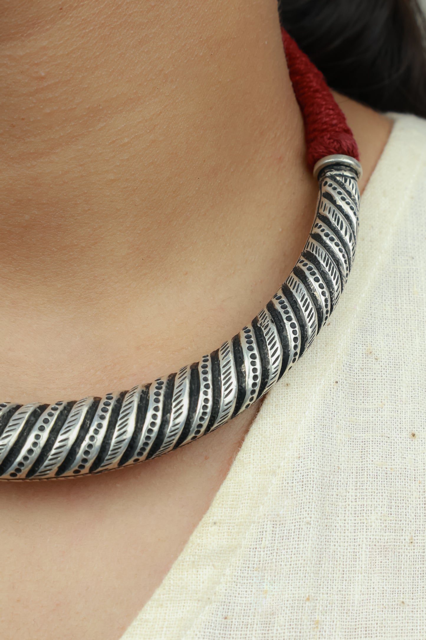 Tridha Tribal Criss Cross 925 Silver Hasli With Adjustable Dori