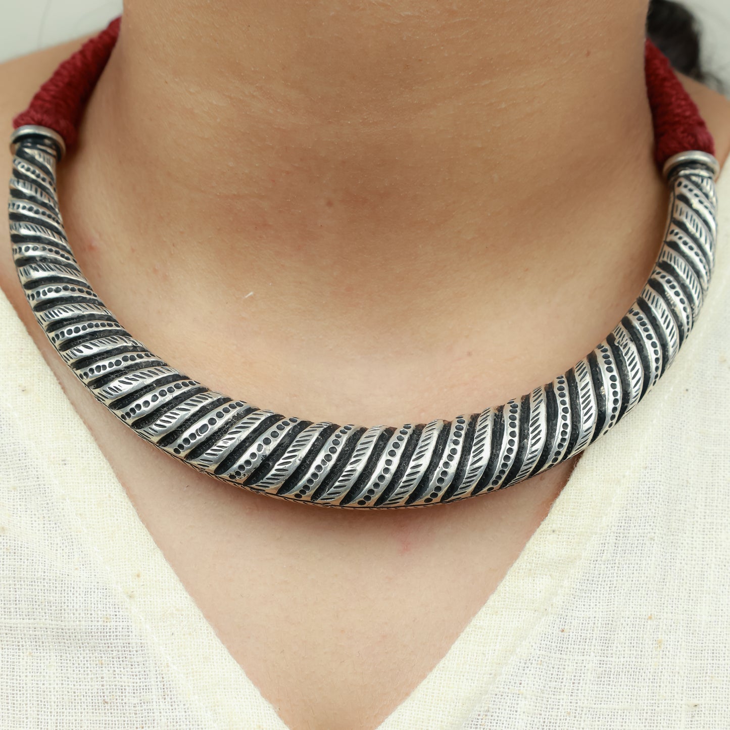 Tridha Tribal Criss Cross 925 Silver Hasli With Adjustable Dori