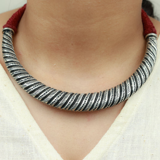 Tridha Tribal Criss Cross 925 Silver Hasli With Adjustable Dori