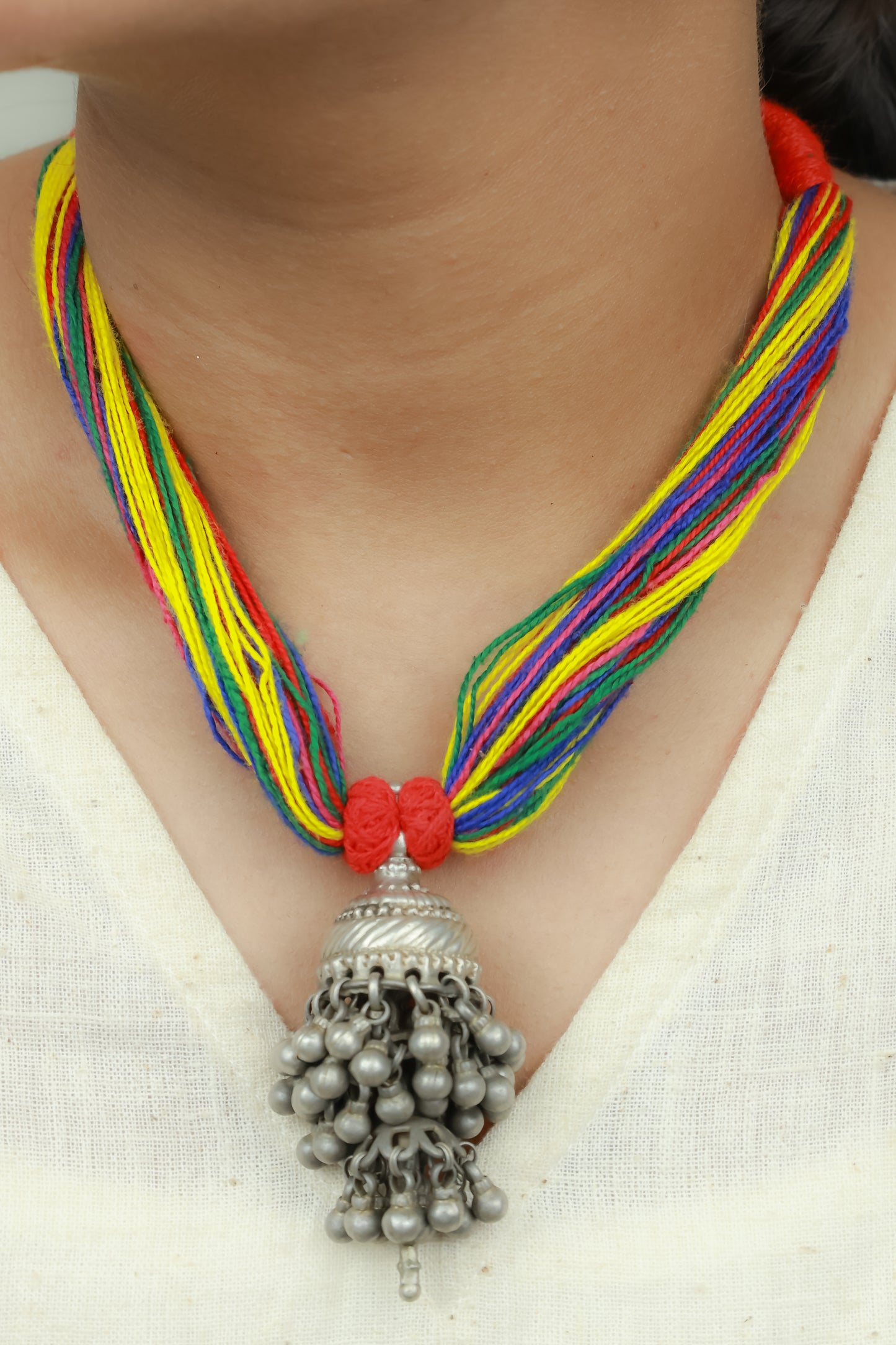 Tridha Jhumka Pendant 925 Silver Necklace With Multi Colour Dori