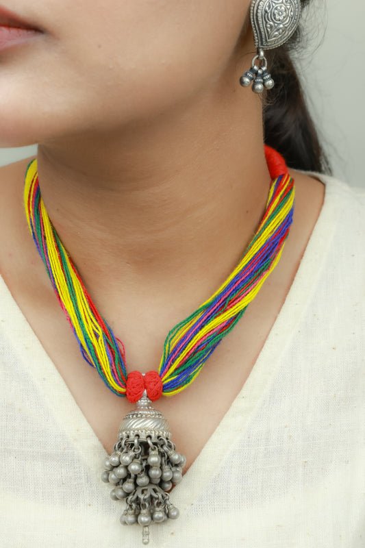 Tridha Jhumka Pendant 925 Silver Necklace With Multi Colour Dori