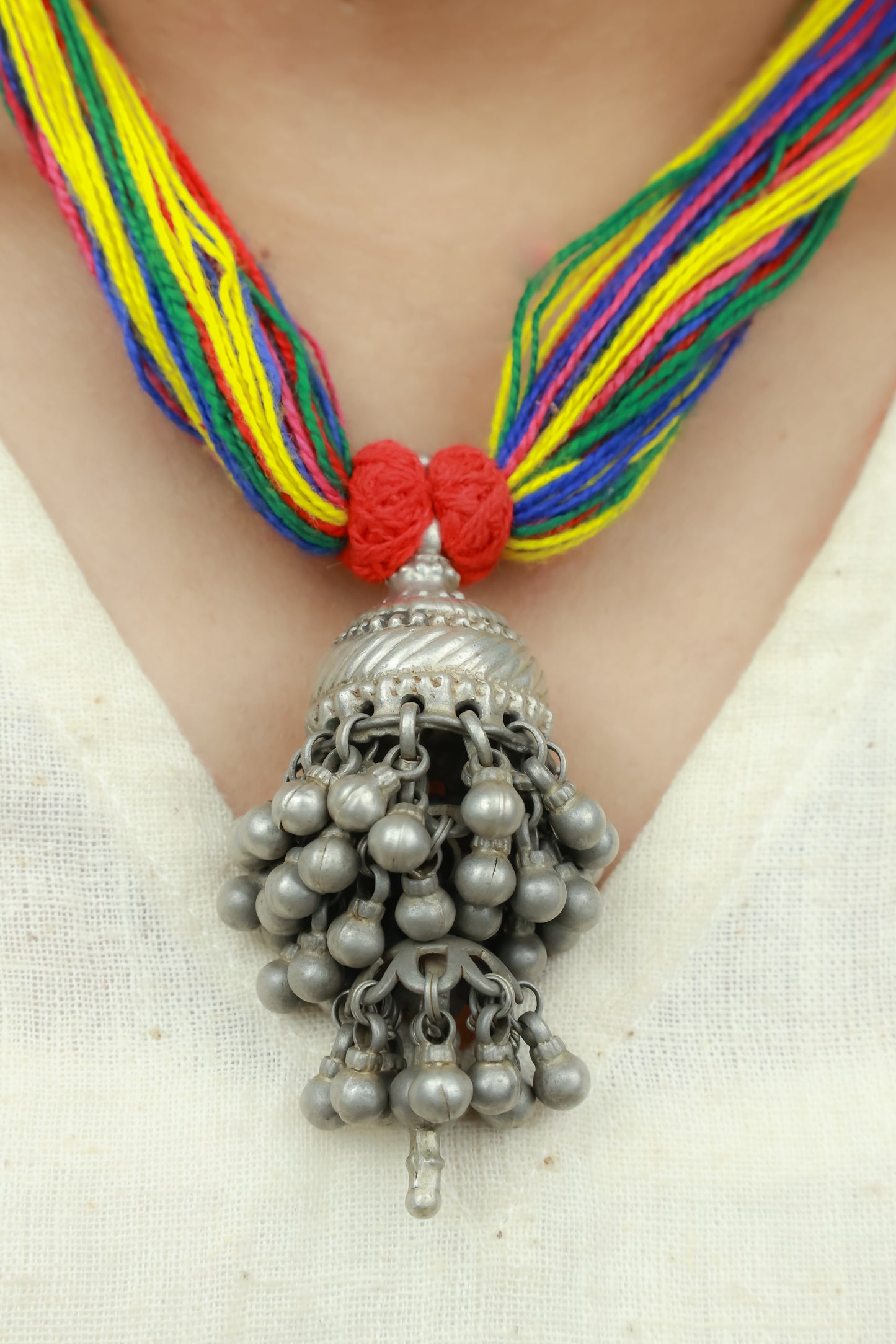 Tridha Jhumka Pendant 925 Silver Necklace With Multi Colour Dori