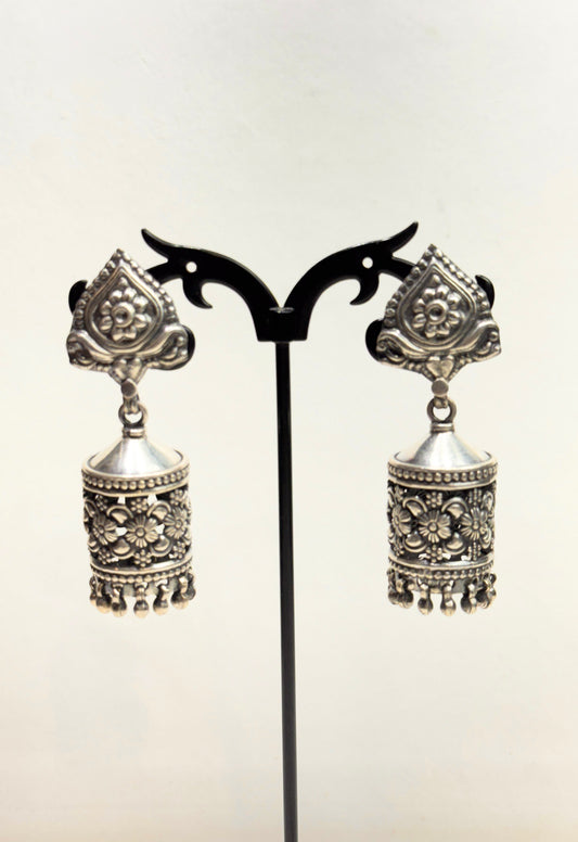 925 Silver Jhumka Earrings| Tridha Floral Jhumka Earrings