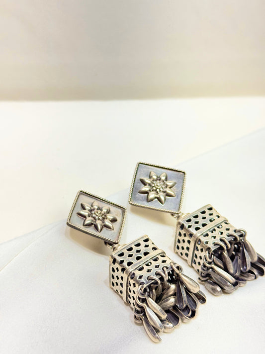 925 Silver Jhumka Earrings| Tridha Square Silver Jhumka Earrings