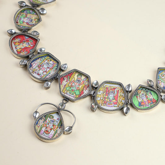 92.5 Silver | Hastakala Pichwai Statement Handpainted Necklace & Earrings Set