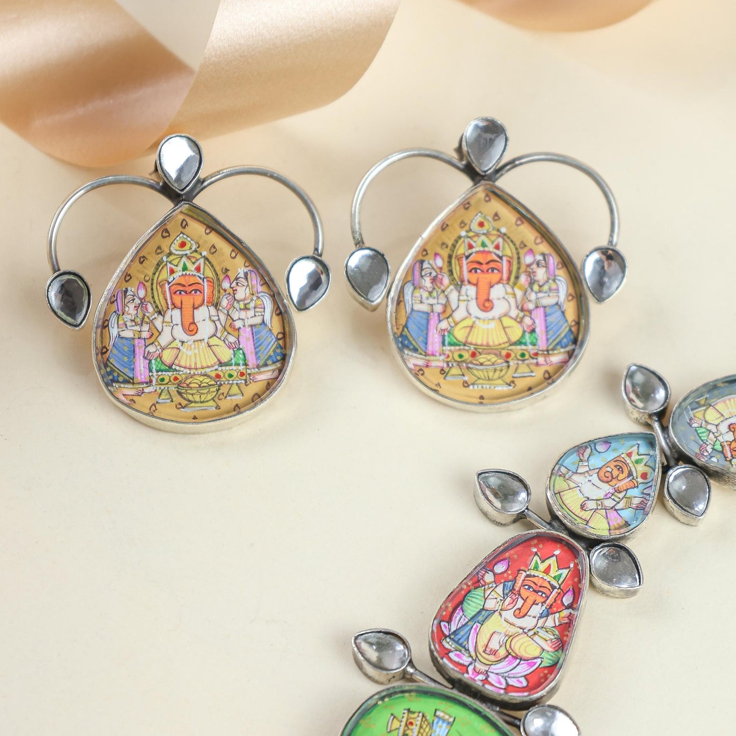 92.5 Silver | Hastakala Ganesha Statement Handpainted Necklace & Earrings Set