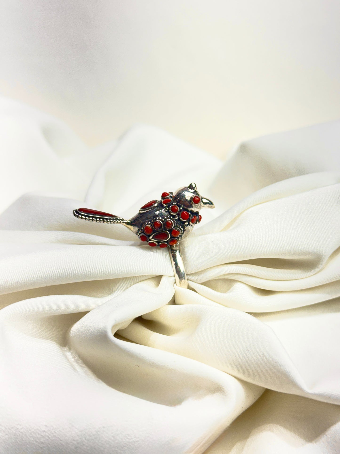925 Silver Ring| Anokhi Coral Silver Panchi Ring