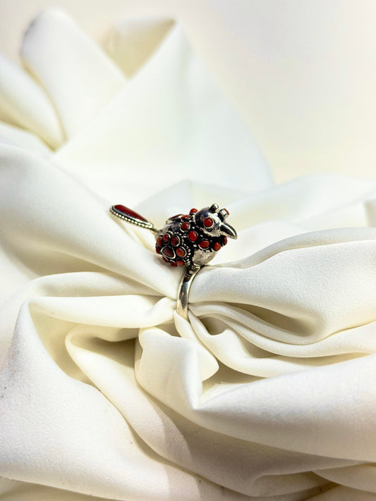 925 Silver Ring| Anokhi Coral Silver Panchi Ring