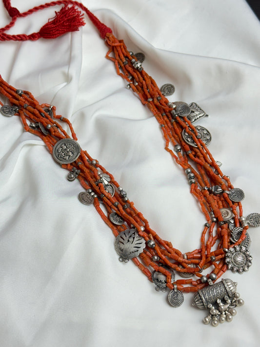 Anokhi Coral Multilayer Silver Necklace With Silver Charms