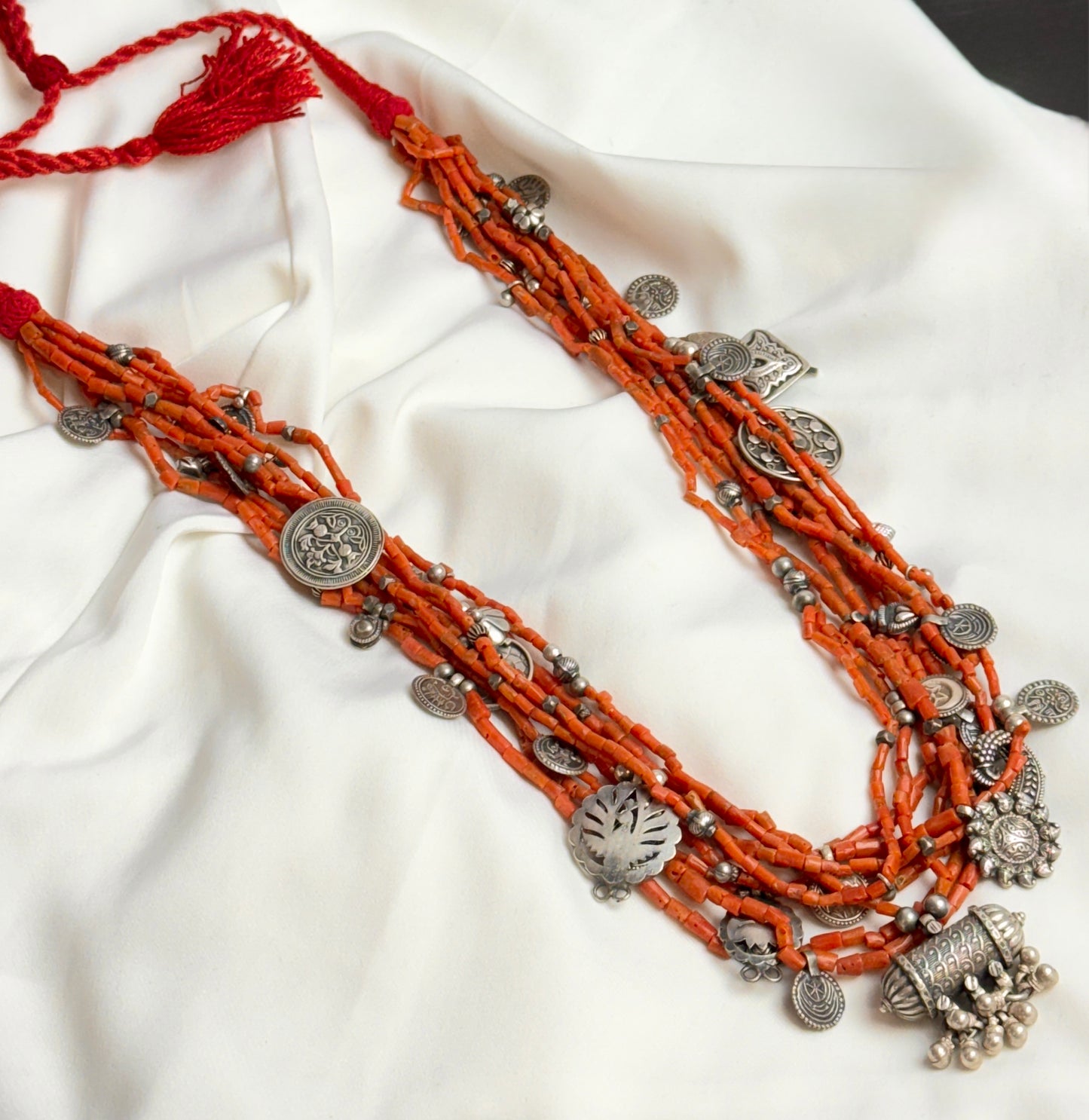 Anokhi Coral Multilayer Silver Necklace With Silver Charms