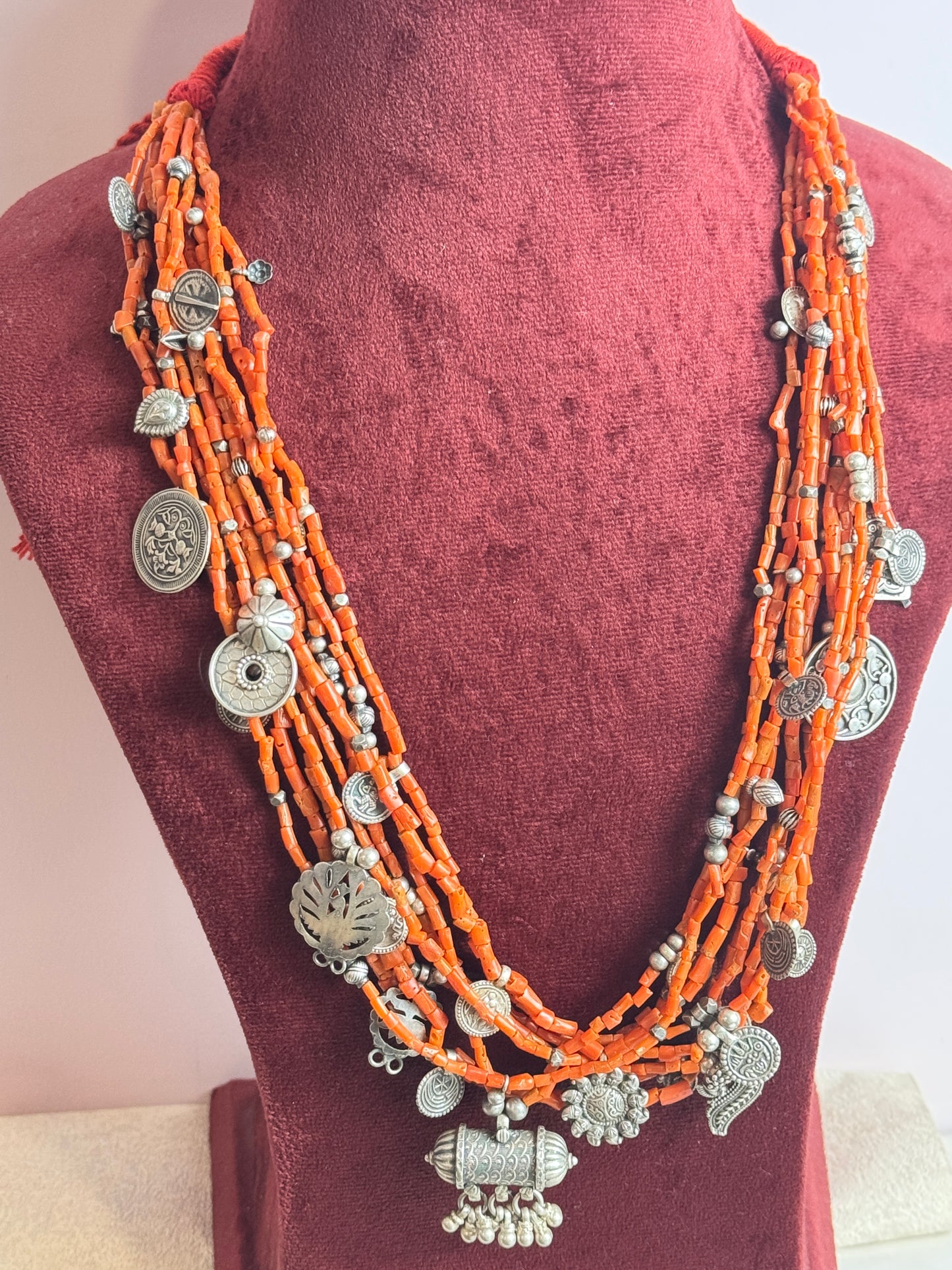 Anokhi Coral Multilayer Silver Necklace With Silver Charms