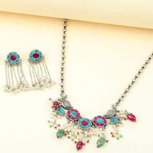 Anokhi Floral Chidiya Necklace Set | 925 Silver |