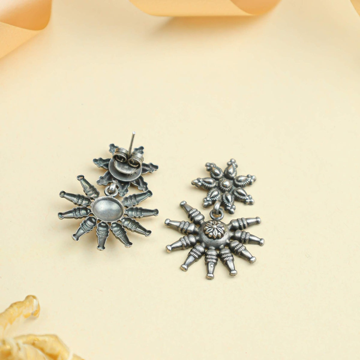 Tridha Tribal Floral Silver Earrings | 925 Silver Earrings