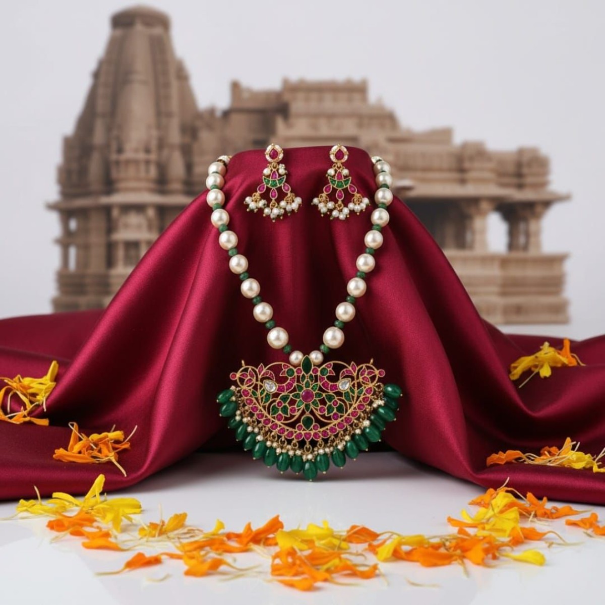 Tribal Tales Jaipuri Kundan Pearl Mala Pendant Necklace Set