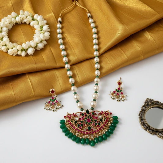 Tribal Tales Jaipuri Kundan Pearl Mala Pendant Necklace Set