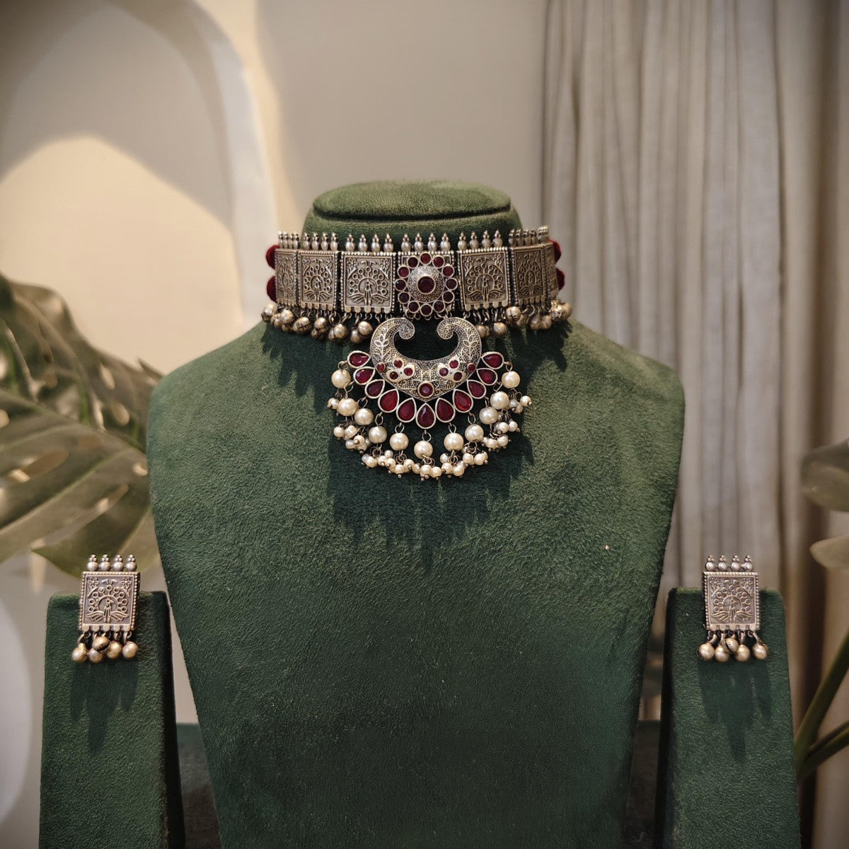 Tribal Tales Maroon Stone Oxidized Choker Set
