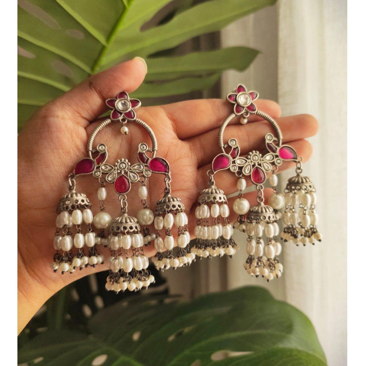 Tribal Tales Pink Pearl Peacock Trio Jhumki Earrings