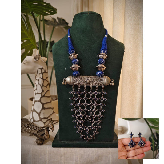 Tribal Tales Big German Silver Oxidized Gemstone Pendant Necklace Set