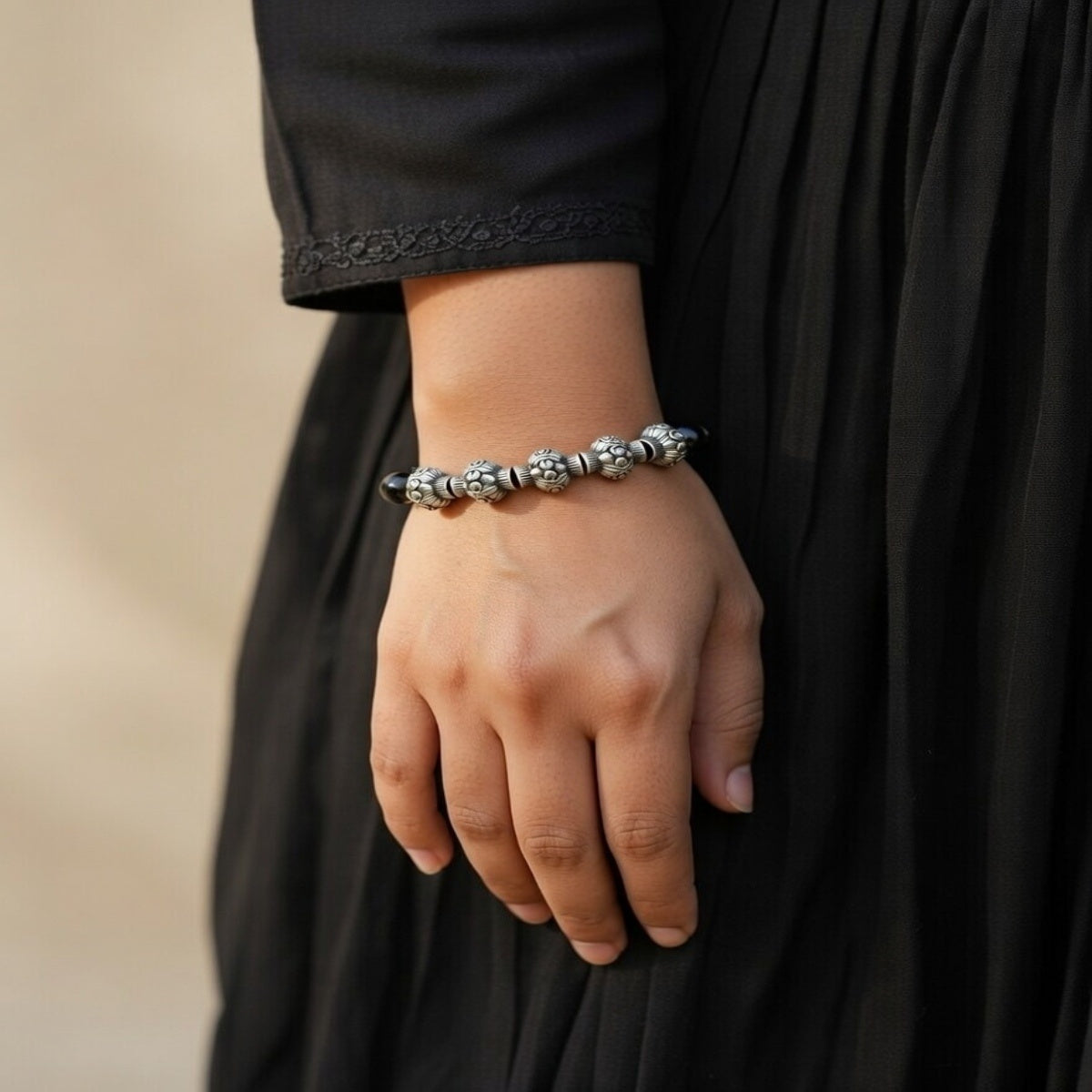 Black Onyx & Oxidized Silver Unisex Bracelet