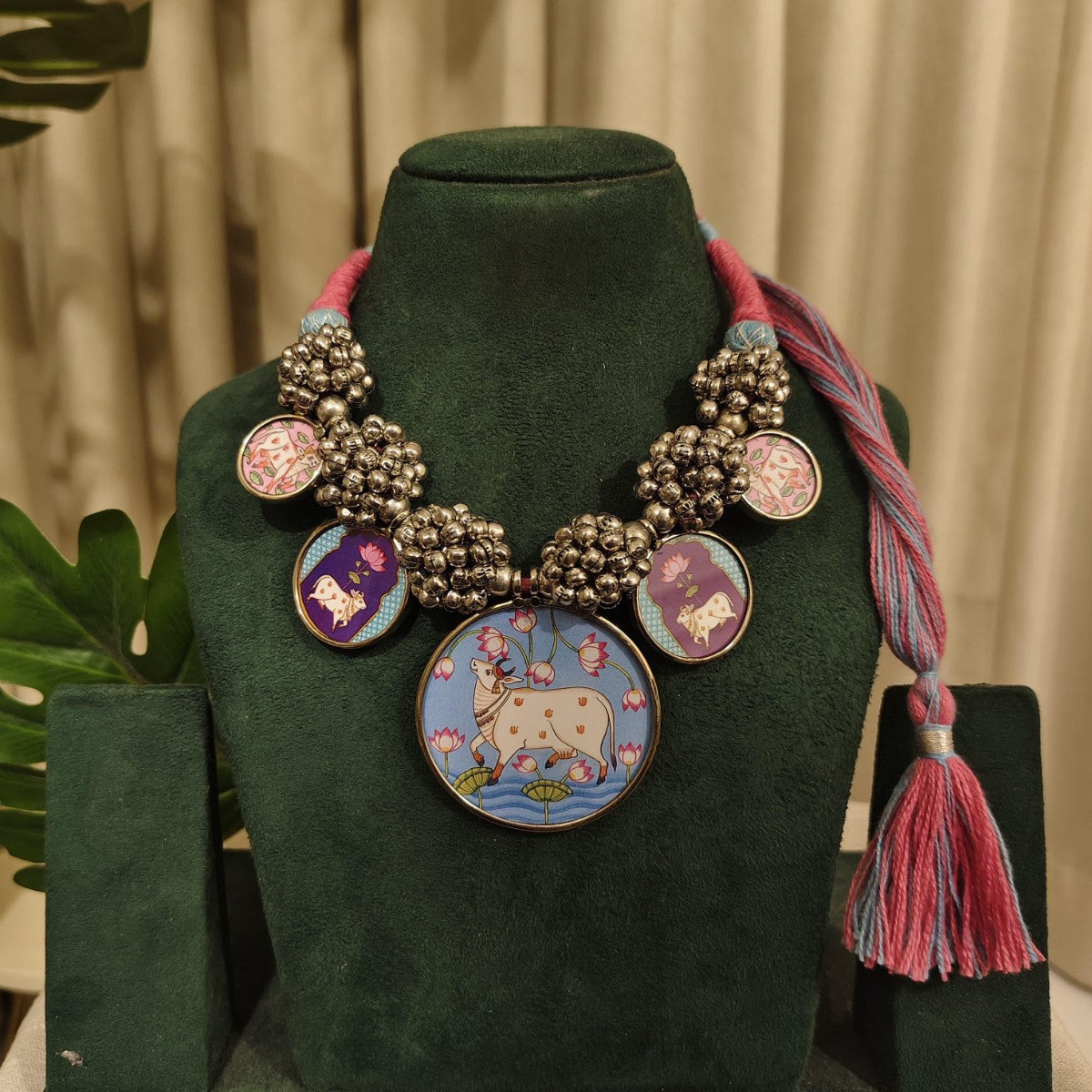 Tribal Tales Handcrafted Pichwai Miniature Art Necklace with Ghungroo