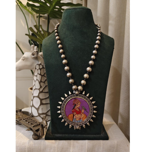 Tribal Tales Oxidized Silver Beads Necklace with painted Pendant