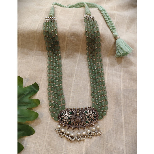 Tribal tales Multilayer Green Beads Necklace Peacock Pendant and Pearl Fringe