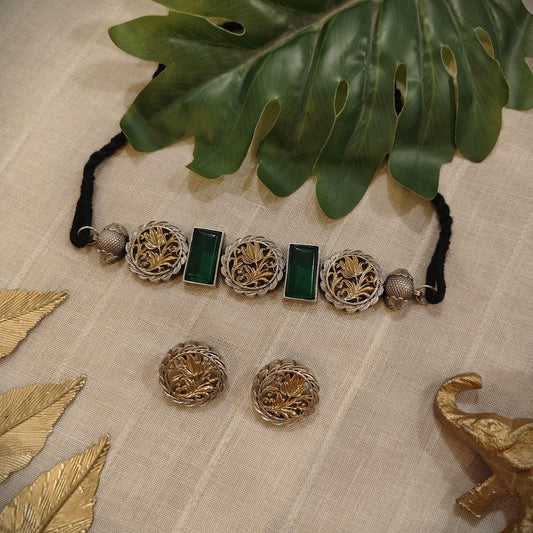 Tribal Tales Floral Oxidized Dual Toned Polish Choker Set