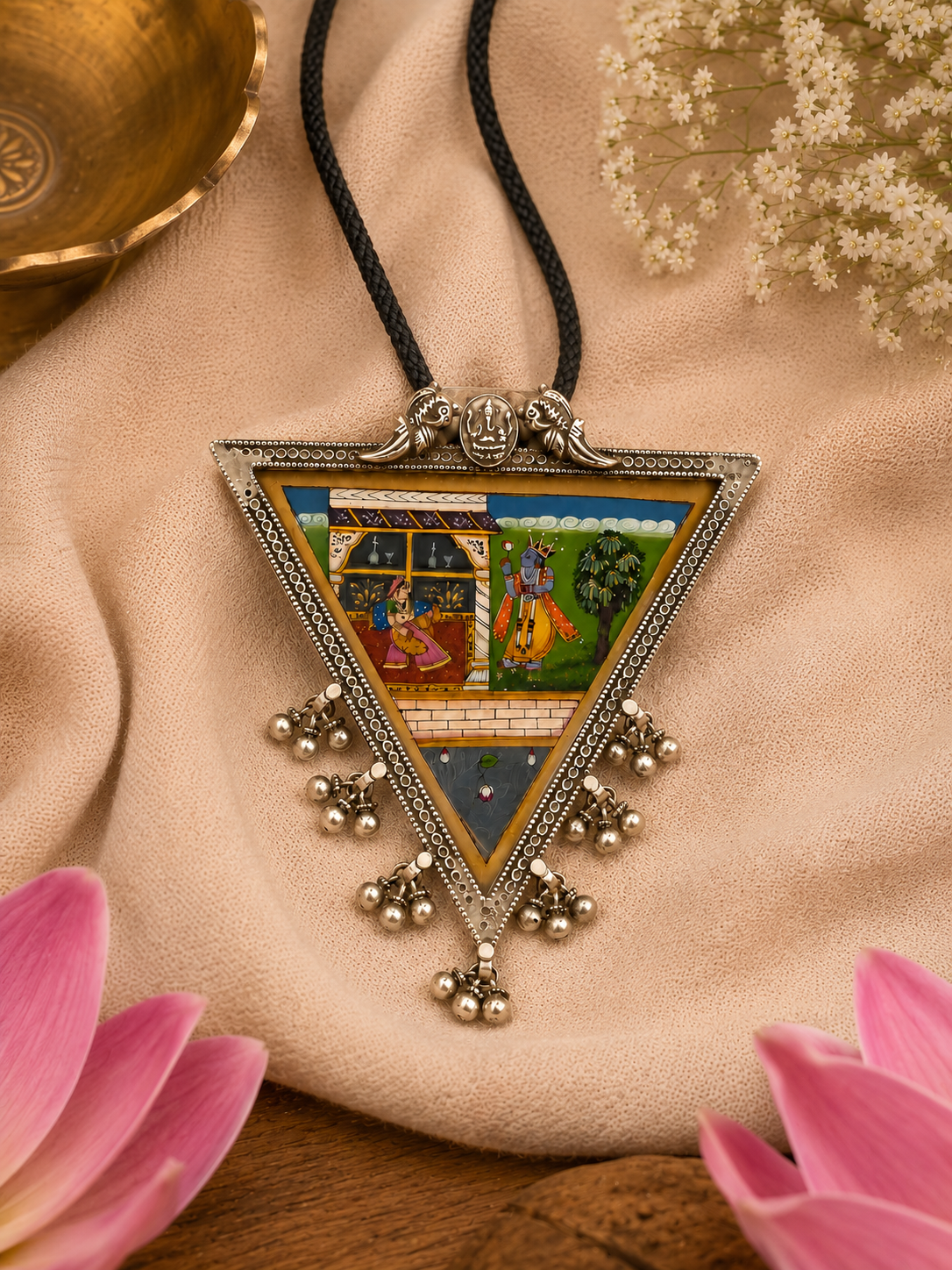 Radha Krishna Triangular Silver Miniature Pendant